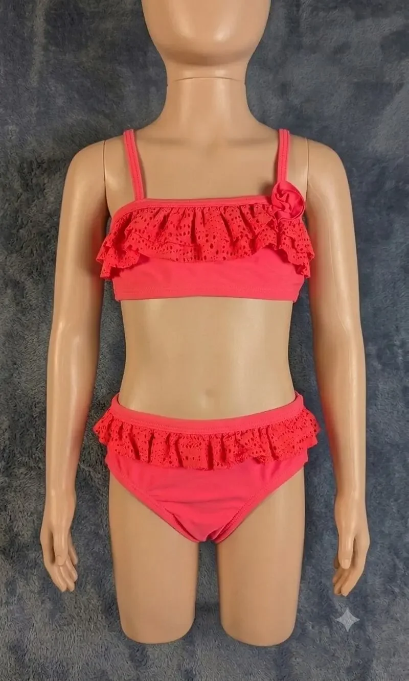 OP Girls 3T Coral Pink Bikini Swimsuit 2 Piece Ruffle Eyelet Floral Swim
